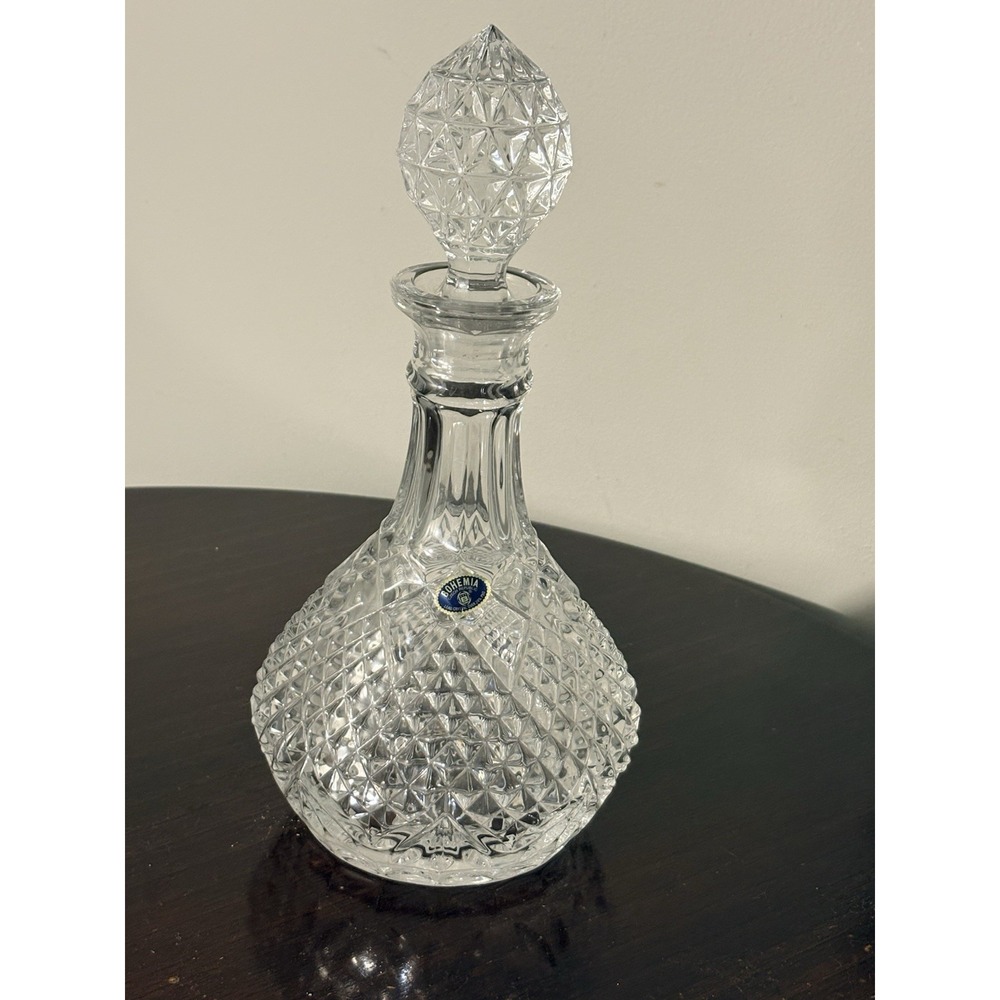Bohemia Czech Crystal Decanter 24% PbO Lead Glass Diamond Cut 11.75" Stopper